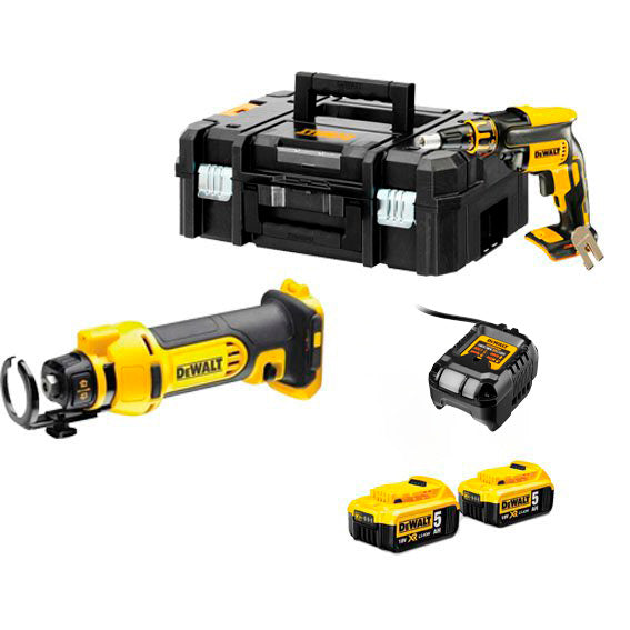 Combo de plaques de guix: serra per a guix DCE555N + tornavís per a pladur DCF620NT Dewalt + 2 bateries de 5Ah + carregador