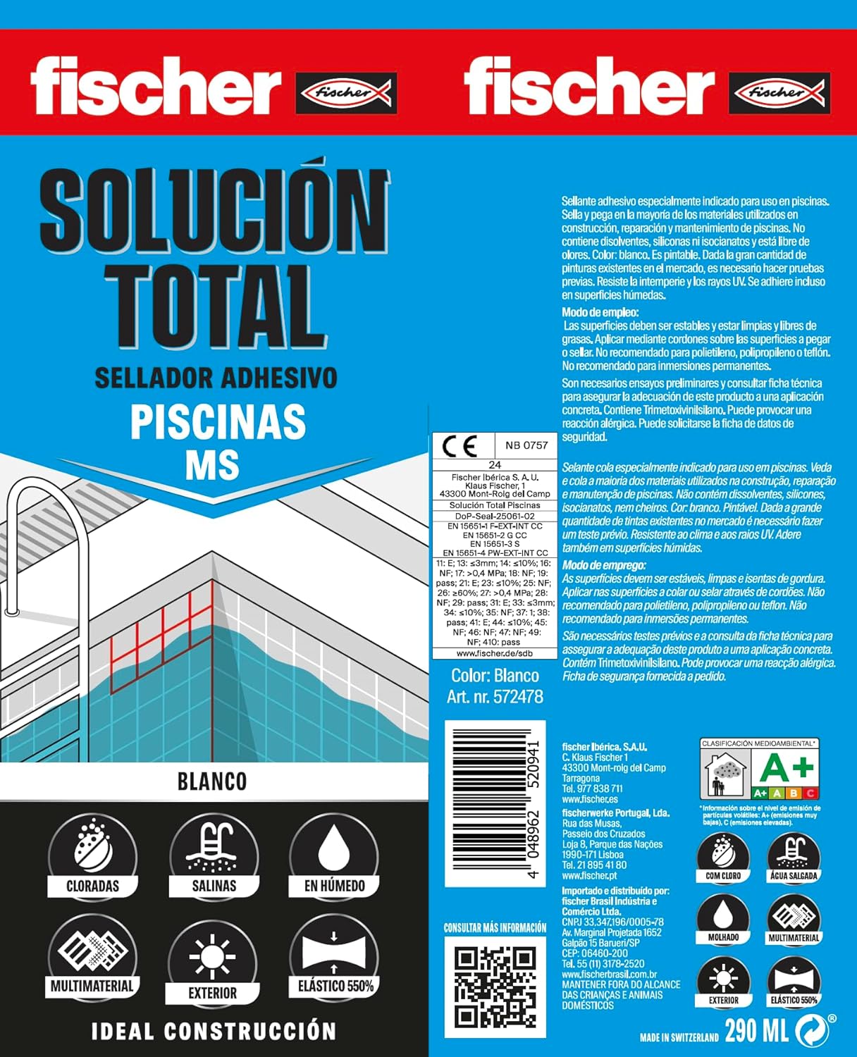 Cartutx adhesiu segellador de 290 ml Fischer Solució Total MS Especial Piscines