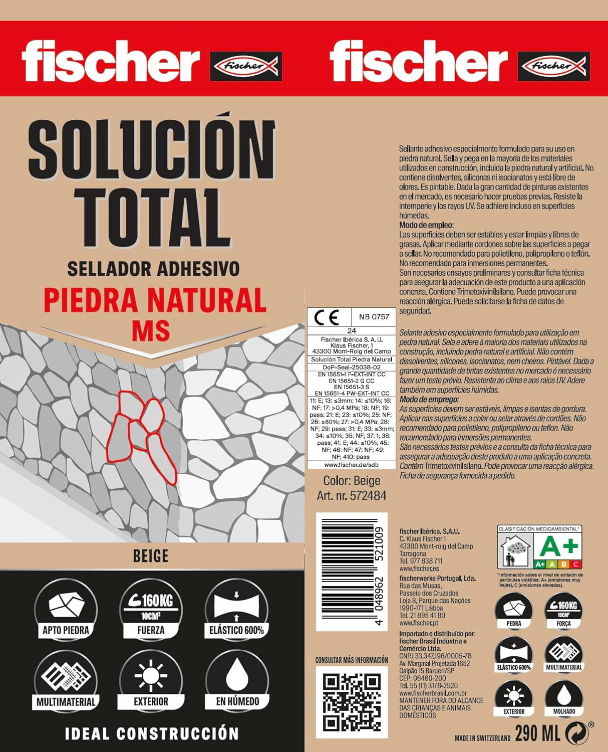 Cartutx adhesiu segellador Fischer Solució Total Pedra Natural MS 290 ml