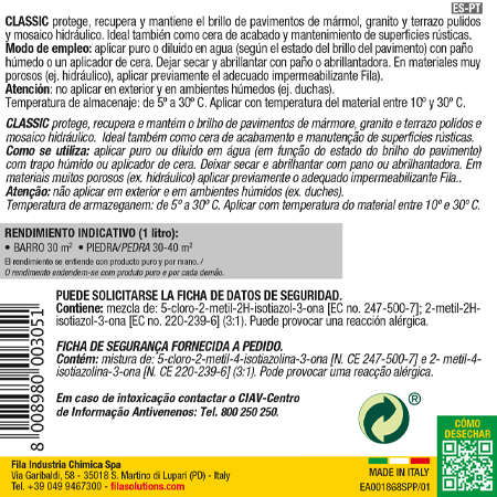 Pot de cera líquida per a fang, marbre polit i aglomerats polits, 1 L Fila CLASSIC