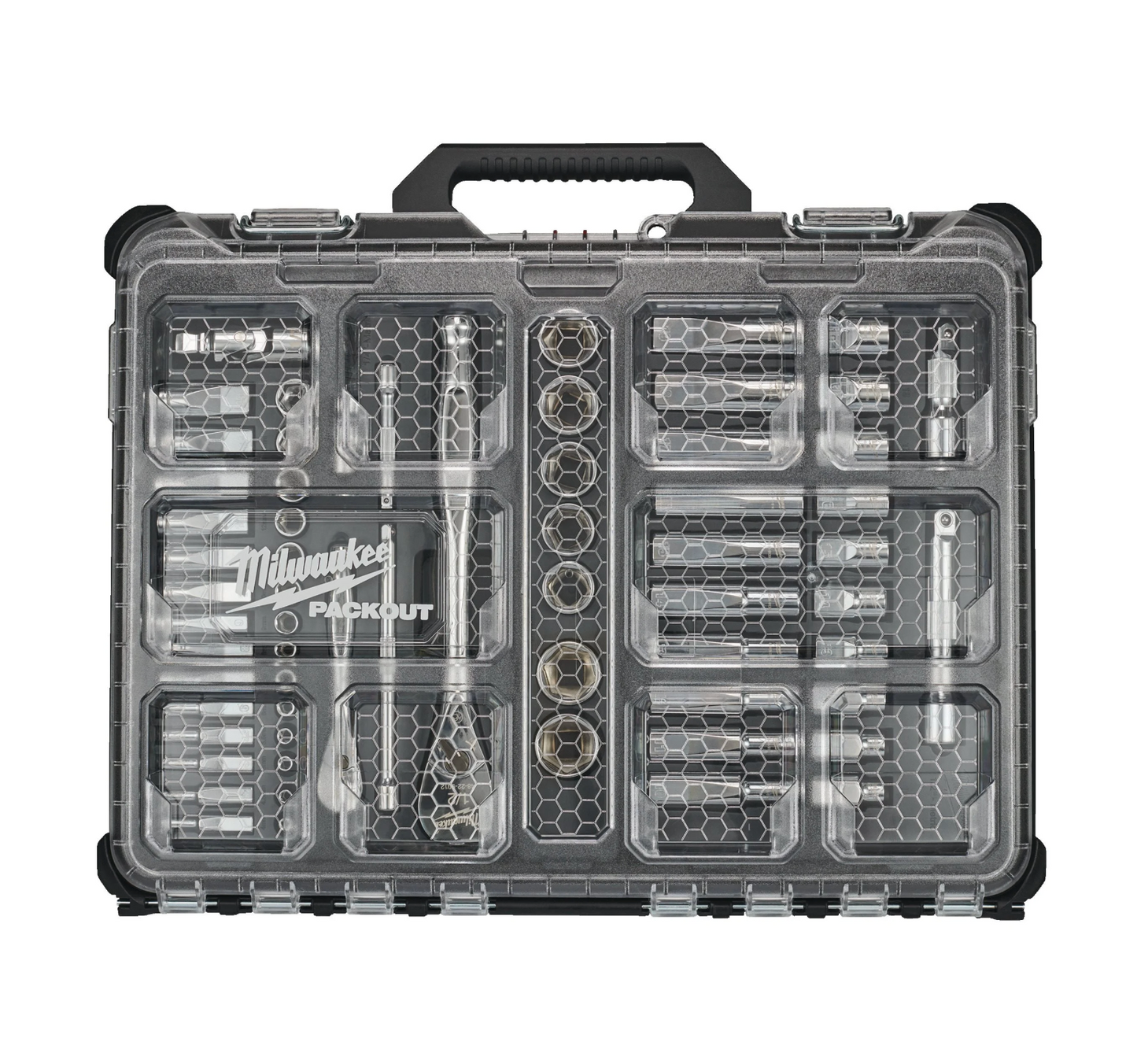 Joc de 63 peces amb vasos i carraca d’1/4" i 1/2" amb organitzador Slim compacte Milwaukee