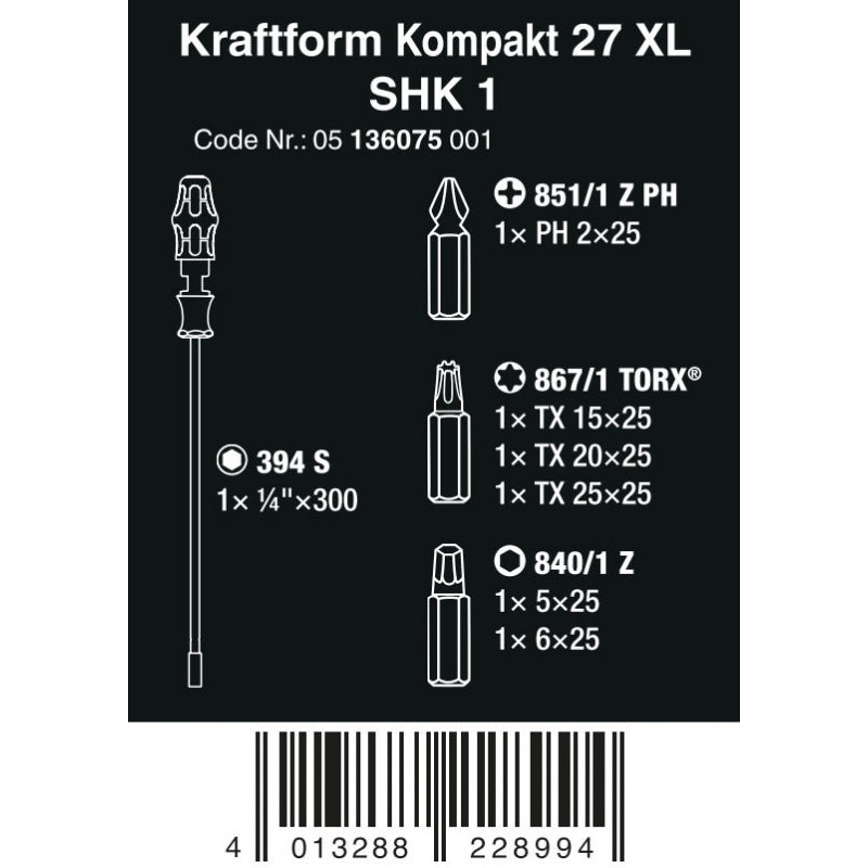 Tornavís porta-puntes amb fulla rígida de 7pcs Kraftform Kompakt 27 XL SHK 1 Wera