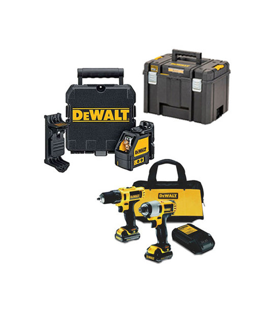 Set Dewalt: trepant cargolador + cargoladora d’impacte + làser DW088K + maletí profund + 2 bateries d’1,3 Ah