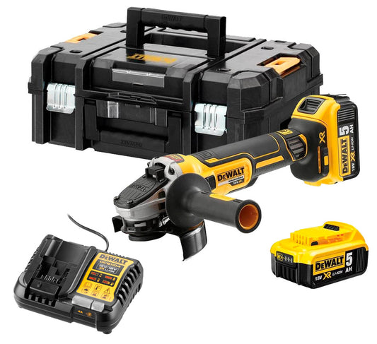 Esmoladora de 18V XR sense escombretes, 125mm, amb 2 bateries de 5Ah + carregador + maletí Dewalt DCG405P2