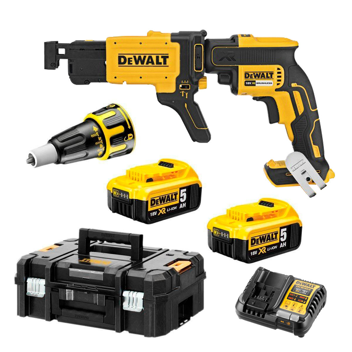 Cargolador per a plaques de guix Dewalt 18V amb 2 bateries de 5.0 Ah, maletí + carregador ràpid de cargols DCF620P2K