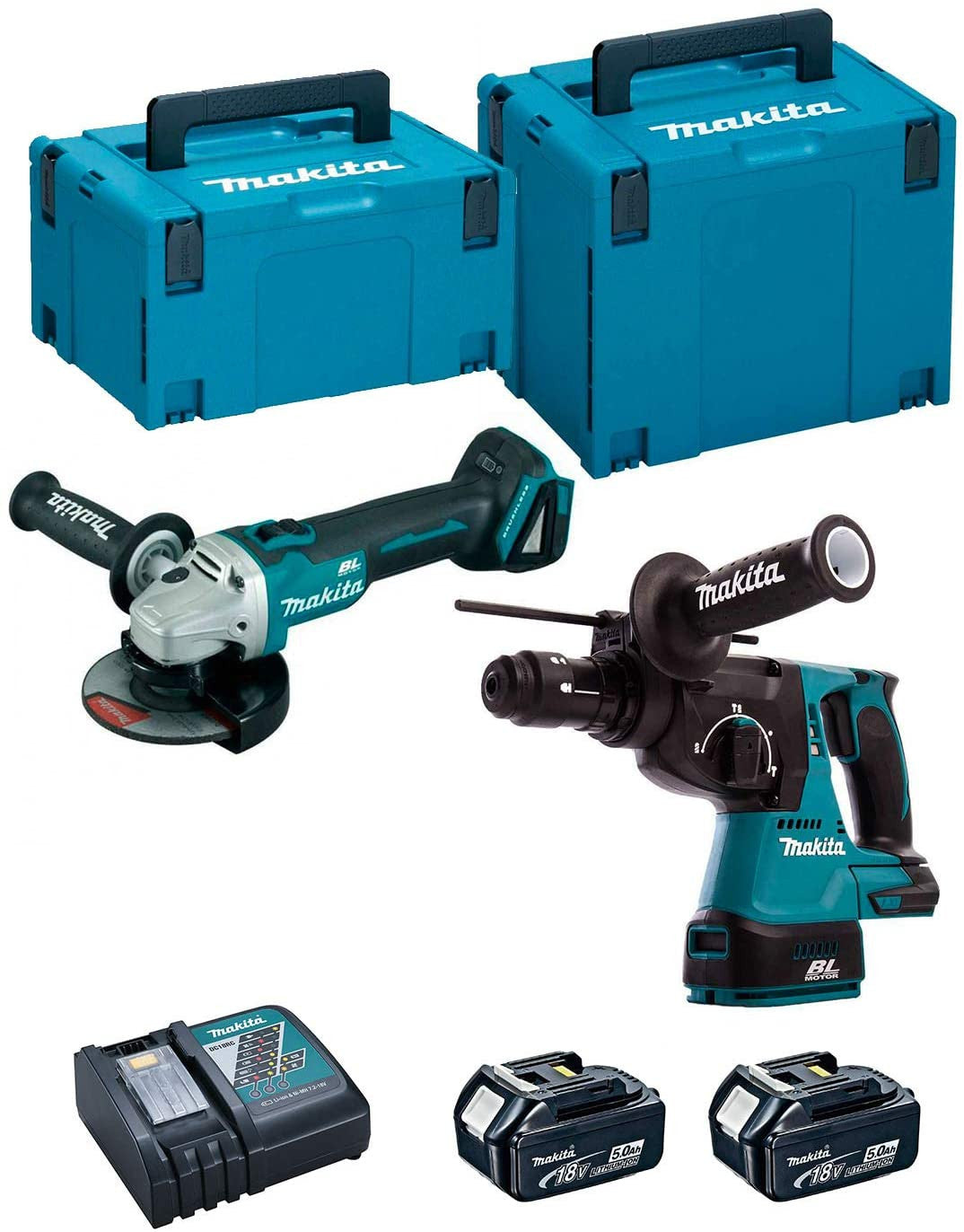 Kit combinat de radial DGA504ZJ + martell lleuger DHR243RTJ 18V amb 2 bateries de 5,0Ah i maletins DLX2125TJ1 Makita