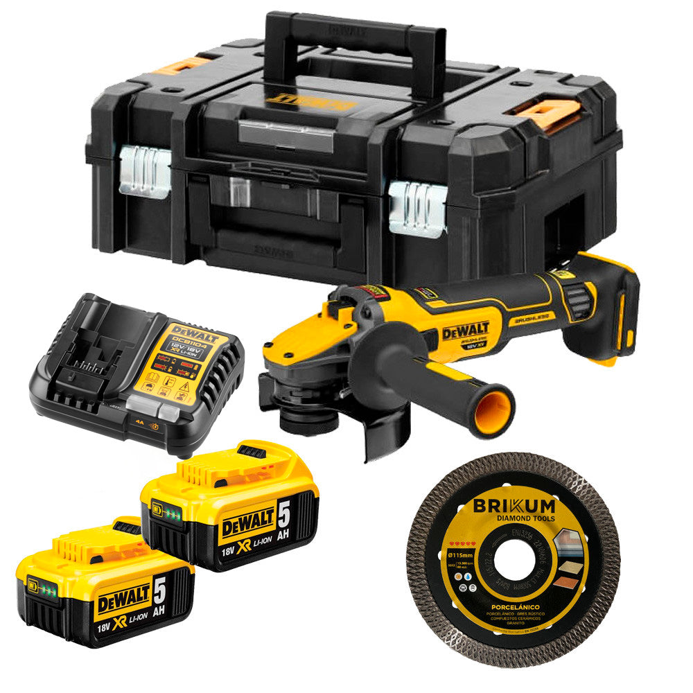 Esmoladora sense escombretes 18 V XR de 125 mm amb 2 bateries de 5 Ah, maletí i disc Dewalt DCG409P2X