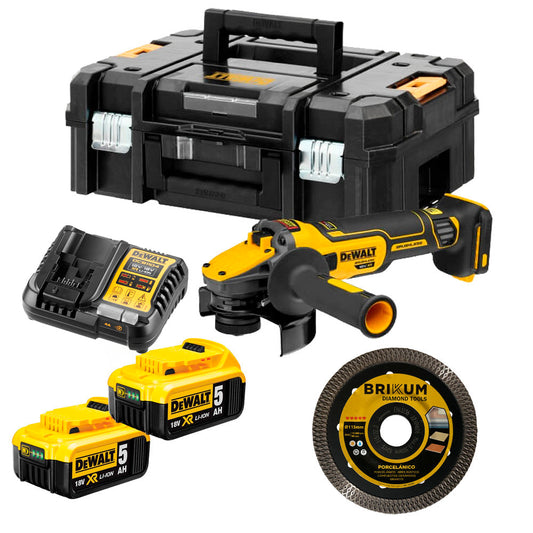 Esmoladora sense escombretes 18 V XR de 125 mm amb 2 bateries de 5 Ah, maletí i disc Dewalt DCG409P2X