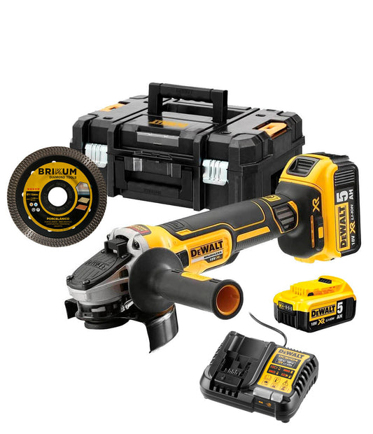 Esmoladora de 18V XR sense escombretes, 125mm, amb 2 bateries de 5Ah + disc + carregador Dewalt DCG405P2X