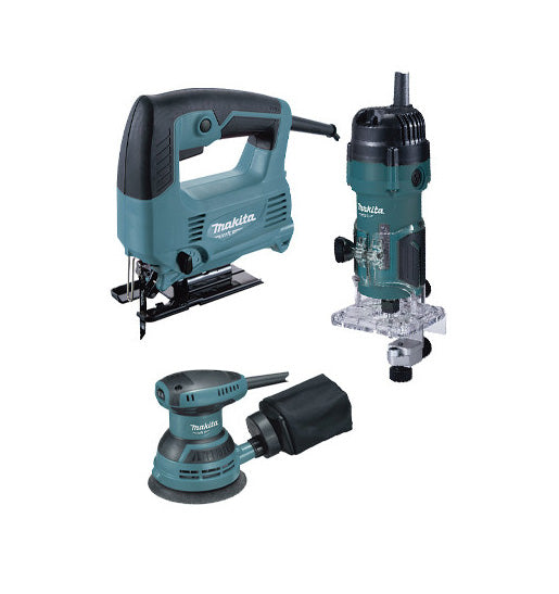 Set d’eines elèctriques Makita MT: serra de calar de 450 W + fresadora de 530 W + polidora rotoorbital de 230 W PRK00185