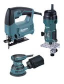 Set d’eines elèctriques Makita MT: serra de calar de 450 W + fresadora de 530 W + polidora rotoorbital de 230 W PRK00185