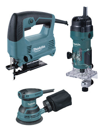 Set d’eines elèctriques Makita MT: serra de calar de 450 W + fresadora de 530 W + polidora rotoorbital de 230 W PRK00185