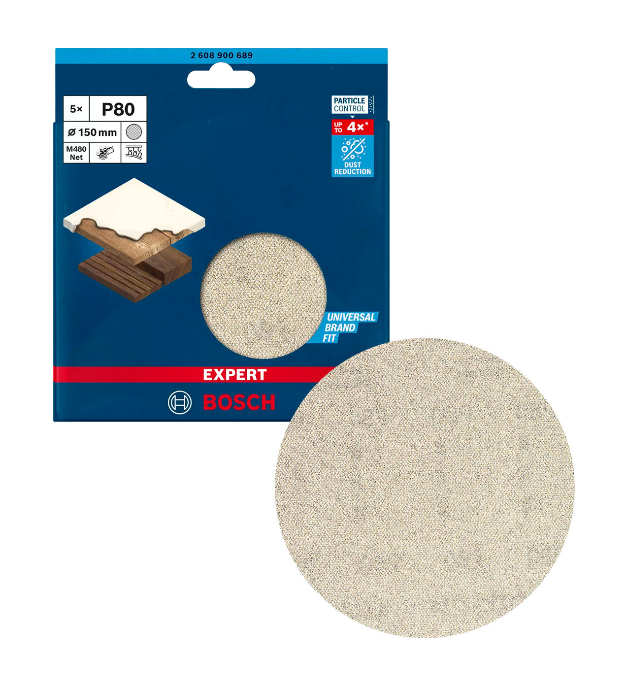 Malla de paper de vidre EXPERT M480 de 150mm 80g per a polidores orbitals 5uds Bosch