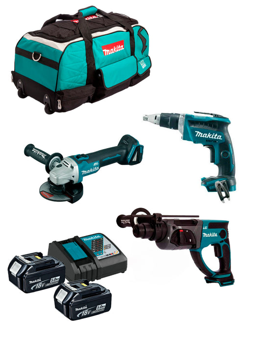 Combo 18V Martell DHR202 + Cargolador DFS452 + Mini-esmoladora DGA504 + 2 bateries + carregador + bossa Makita DLX3190TX1