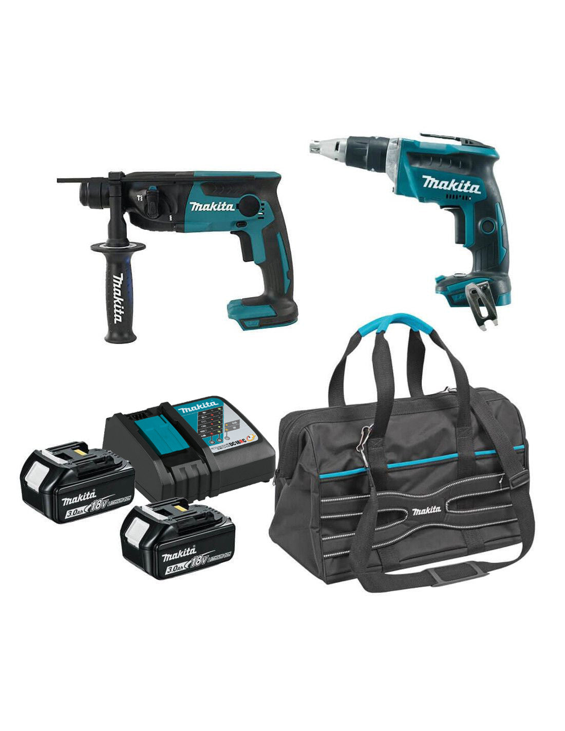 Combo per a plaques de guix de 18V Makita: tornavís per a plaques de guix DFS452 + martell lleuger DHR165 + 2 bateries de 3.0Ah + bossa
