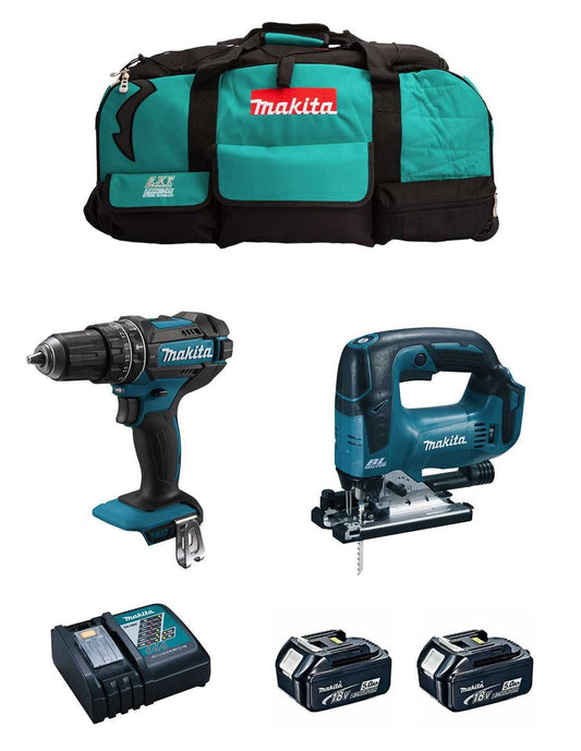 Kit Makita trepant percutor DHP482 + serra de calar DJV182 + 2 bateries de 5 Ah + carregador + bossa DLX2181BL2