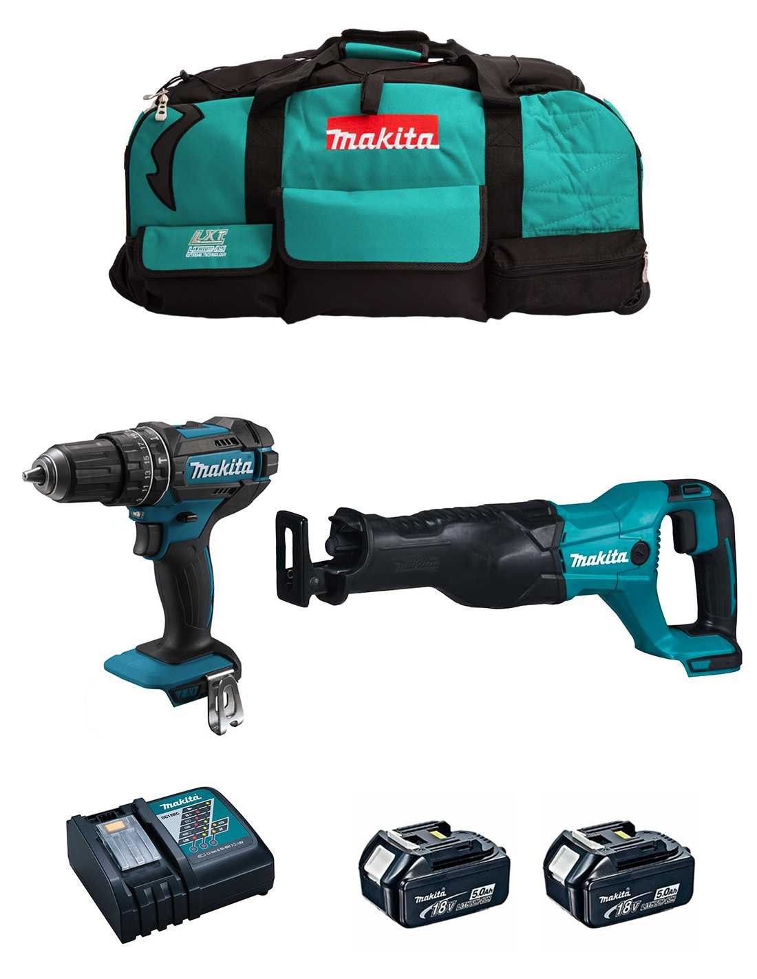 Kit Makita trepant percutor DHP482 + serra de sabre DJR186 + 2 bateries de 5 Ah + carregador + bossa DLX2186BL2