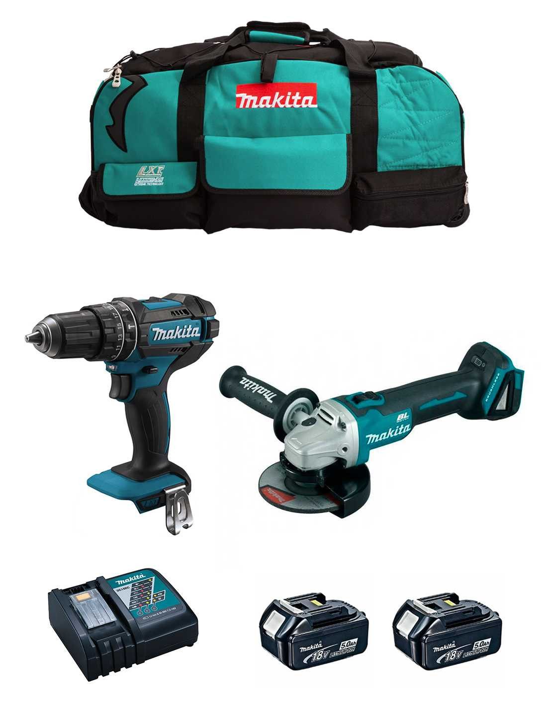 Kit Makita trepant percutor DHP482 + mini-amoladora DGA504 + 2 bateries de 5 Ah + carregador + bossa DLX2504BL2