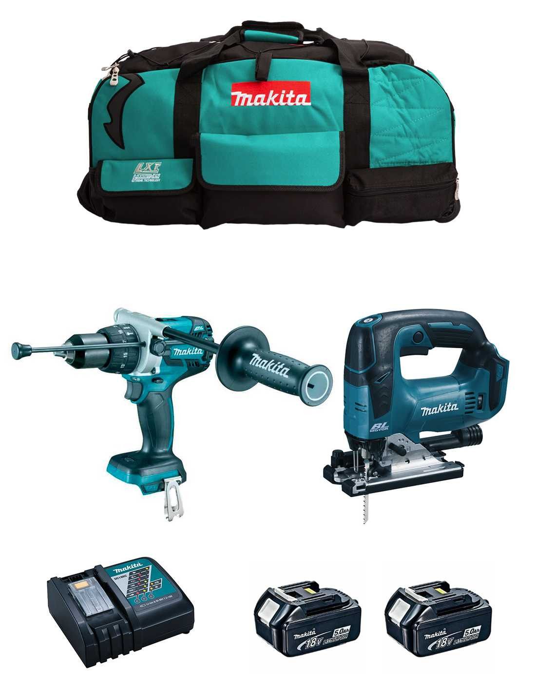 Kit Makita trepant percutor DHP486 + serra de calar DJV182 + 2 bateries de 5 Ah + carregador + bossa DLX2481BL2