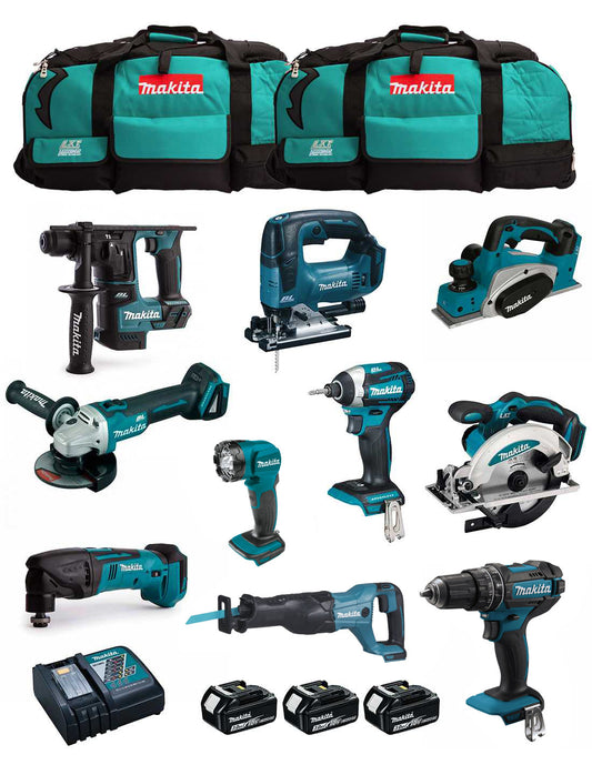 Kit Makita amb 10 eines + 3 bateries de 3 Ah + carregador + 2 bosses DLX1080BL3