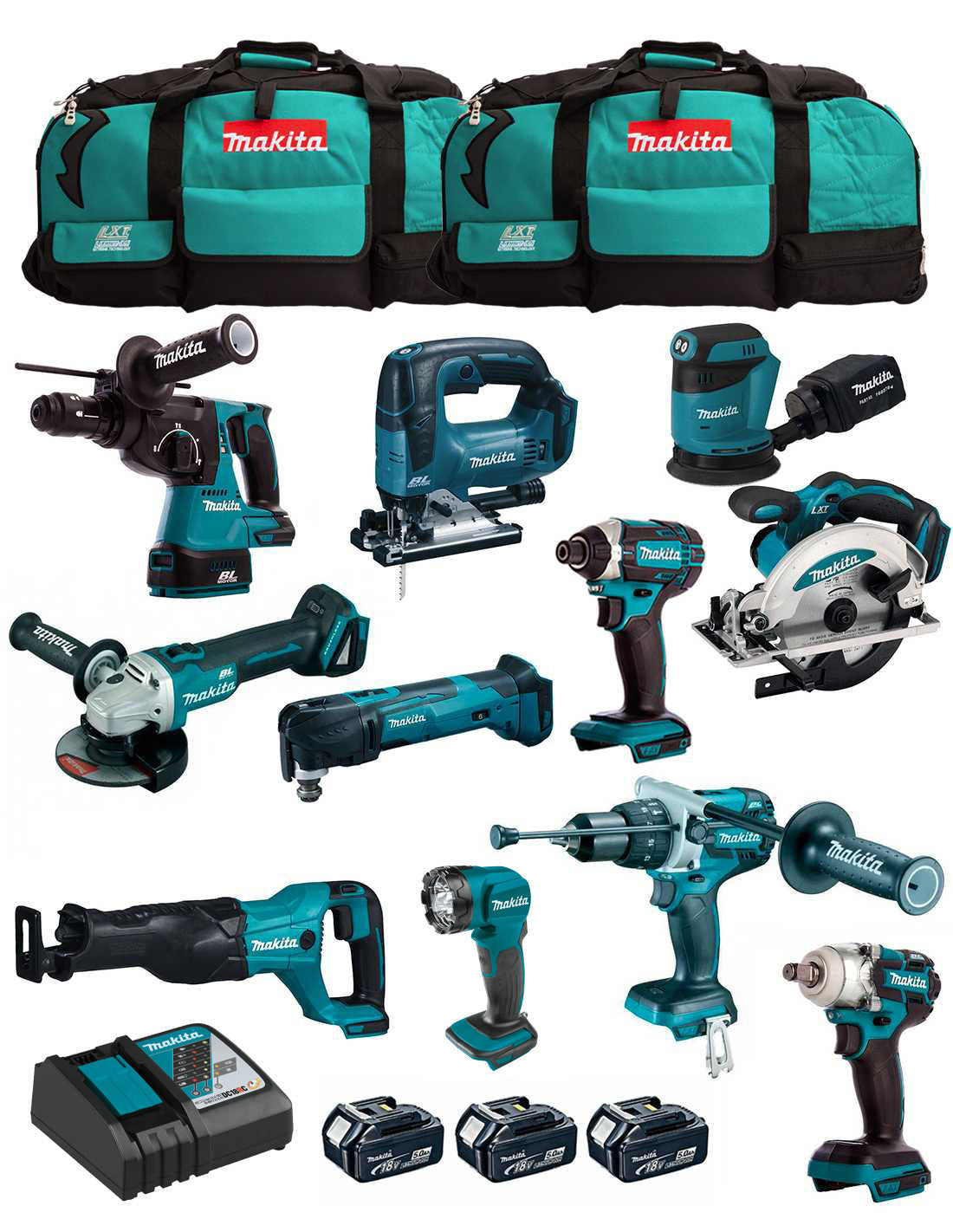 Kit Makita amb 11 eines + 3 bateries + carregador + 2 bosses DLX1143BL3