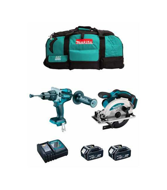 Kit Makita trepant percutor DHP486 + serra circular DSS610 + 2 bateries de 5 Ah + carregador + bossa LXT600 DLX2480BL2