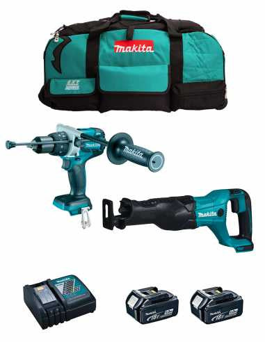 Kit Makita trepant percutor DHP486 + serra de sabre DJR186 + 2 bateries de 5 Ah + carregador + bossa LXT600 DLX2486BL2