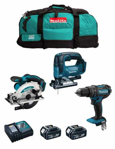 Kit Makita: trepant percutor DHP482 + serra circular DSS610 + serra de calar DJV182 + 2 bateries de 5 Ah + carregador + bossa DLX3610BL2