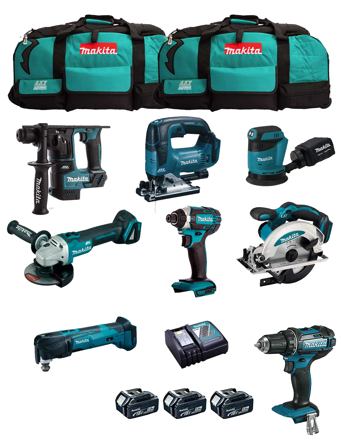 Kit Makita amb 8 eines + 3 bateries de 5.0 Ah + carregador + 2 bosses DLX8171BL3