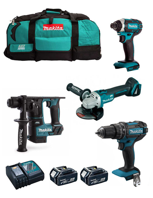 Kit Makita de 4 eines + 2 bateries de 5 Ah + carregador DC18RC + bossa LXT600 DLX4152BL2