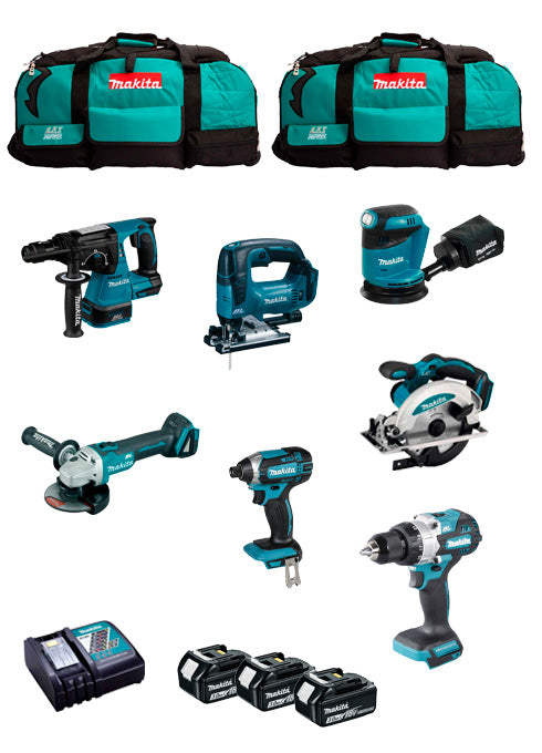 Kit Makita amb 7 eines + 3 bateries de 5 Ah + carregador DC18RC + 2 bosses DLX7243BL3