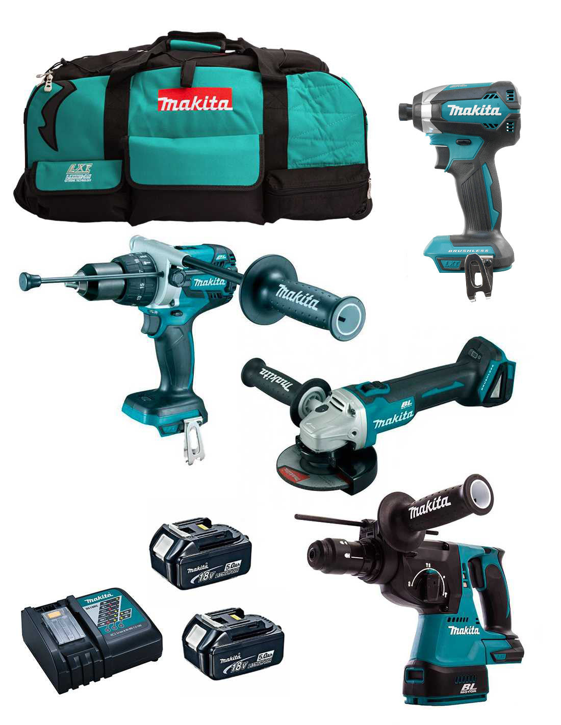 Kit Makita de 4 eines + 2 bateries de 5 Ah + carregador + bossa LXT600 DLX4243BL2