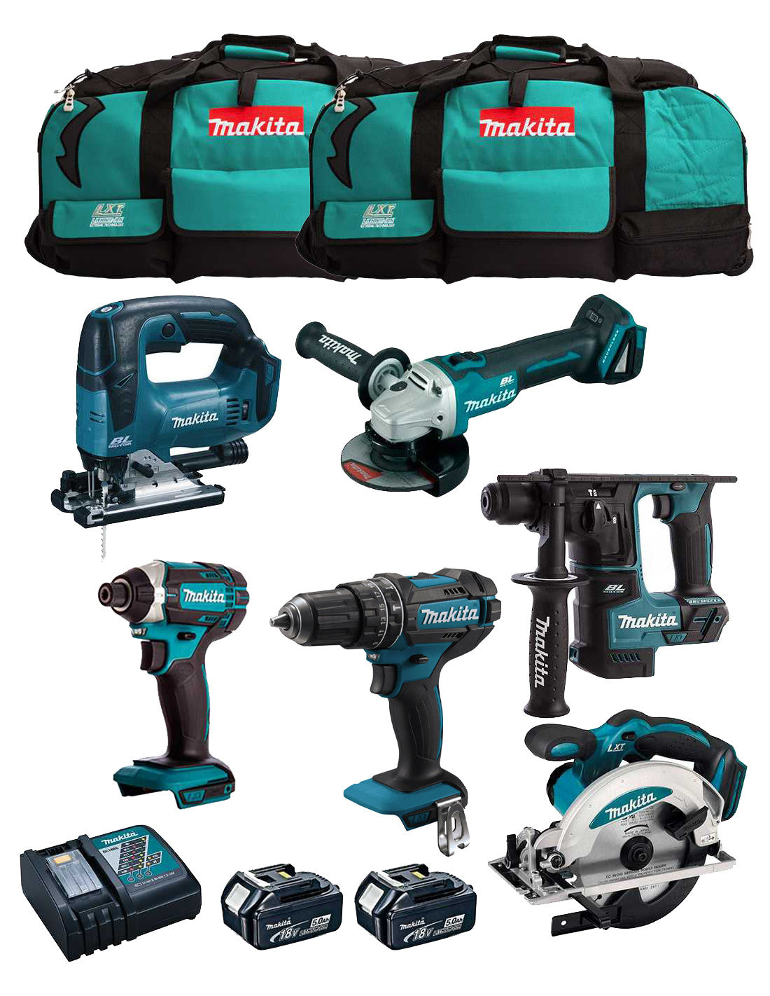 Kit Makita de 6 eines + 2 bateries de 5 Ah + carregador + bossa LXT600 DLX6482BL2