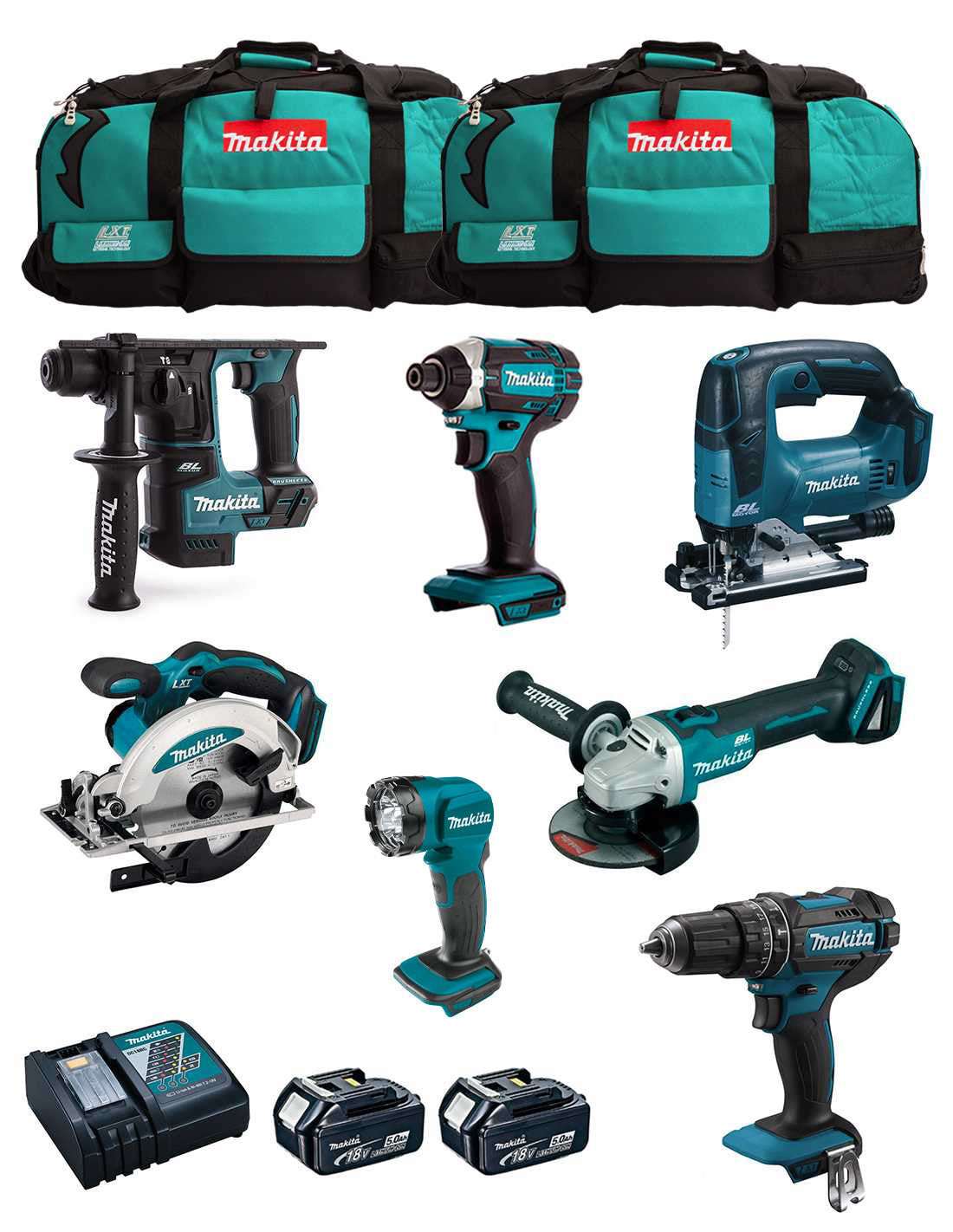 Kit Makita de 7 eines + 2 bateries de 5 Ah + carregador + 2 bosses LXT600 DLX7815BL2