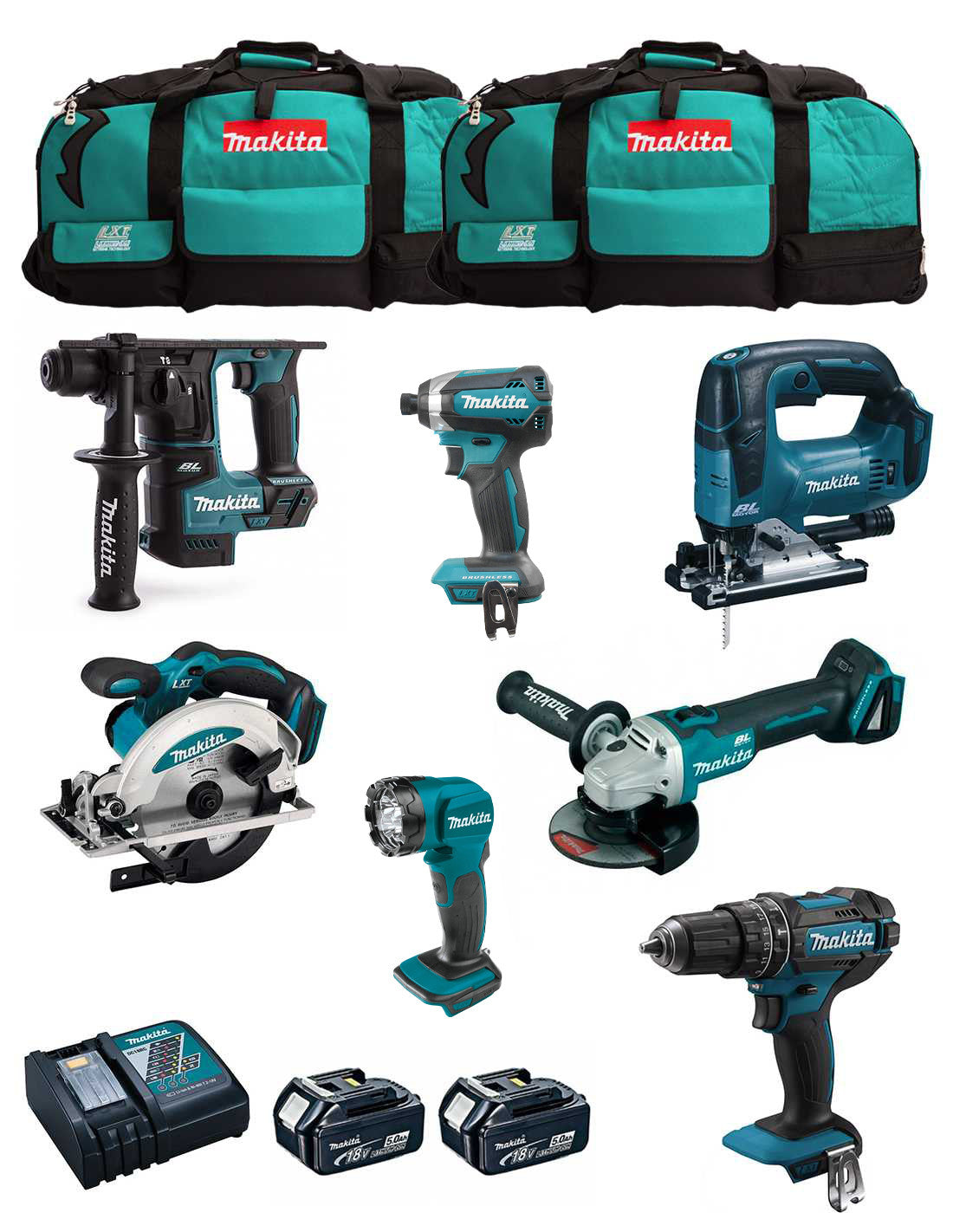 Kit Makita de 7 eines + 2 bateries de 5 Ah + carregador + 2 bosses LXT600 DLX7815BL2
