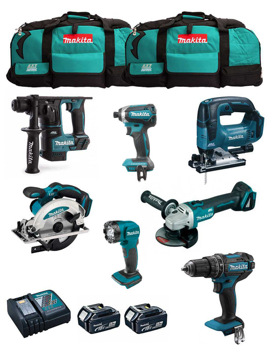Kit Makita de 7 eines + 2 bateries de 5 Ah + carregador + 2 bosses LXT600 DLX7815BL2