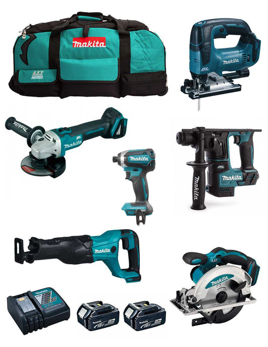 Kit Makita de 6 eines + 2 bateries de 5 Ah + carregador + 2 bosses LXT600 DLX6186BL2