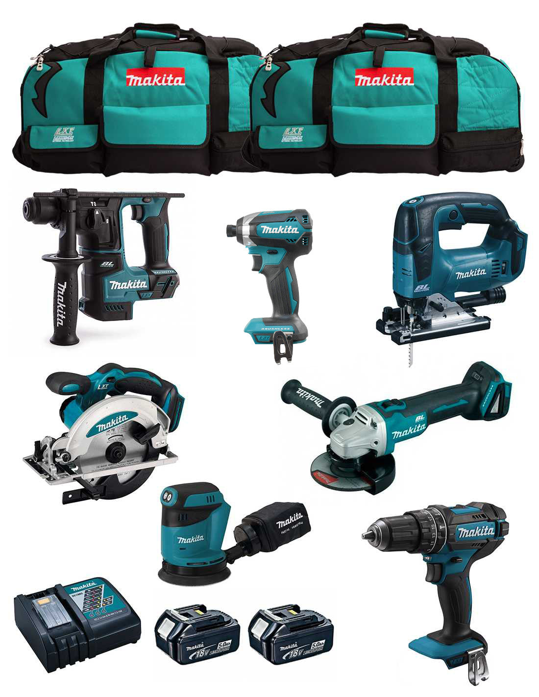 Kit Makita de 7 eines + 2 bateries de 5 Ah + carregador + 2 bosses LXT600 DLX7180BL2
