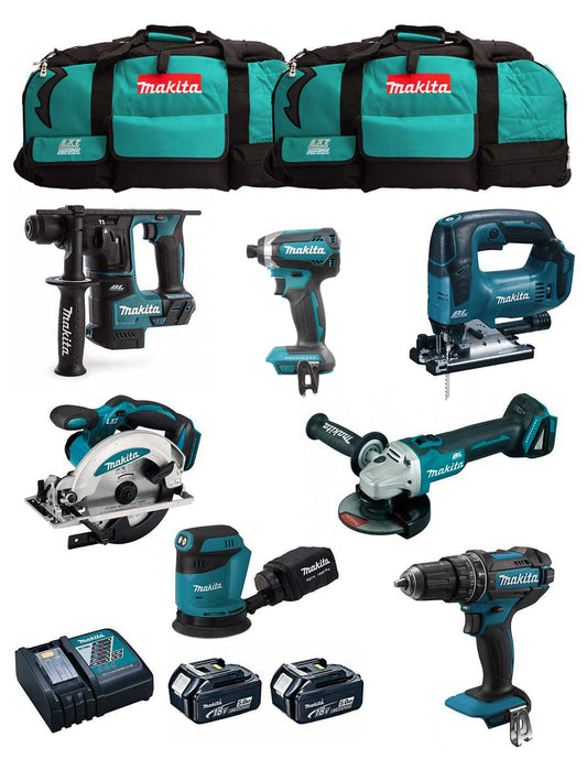 Kit Makita de 7 eines + 2 bateries de 5 Ah + carregador + 2 bosses LXT600 DLX7180BL2
