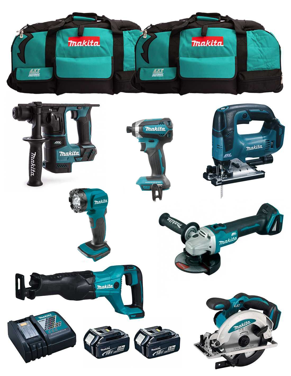 Kit Makita de 7 eines + 2 bateries de 5 Ah + carregador + 2 bosses LXT600 DLX7710BL2