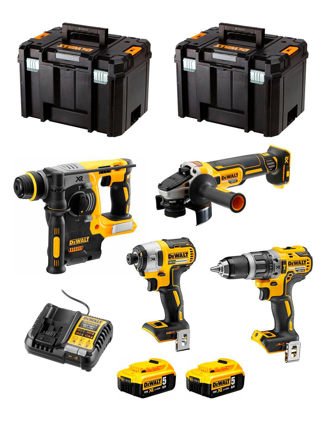 Kit Dewalt amb 4 eines + 2 bateries de 5 Ah + carregador + 2 TSTAK VI DCK487P2