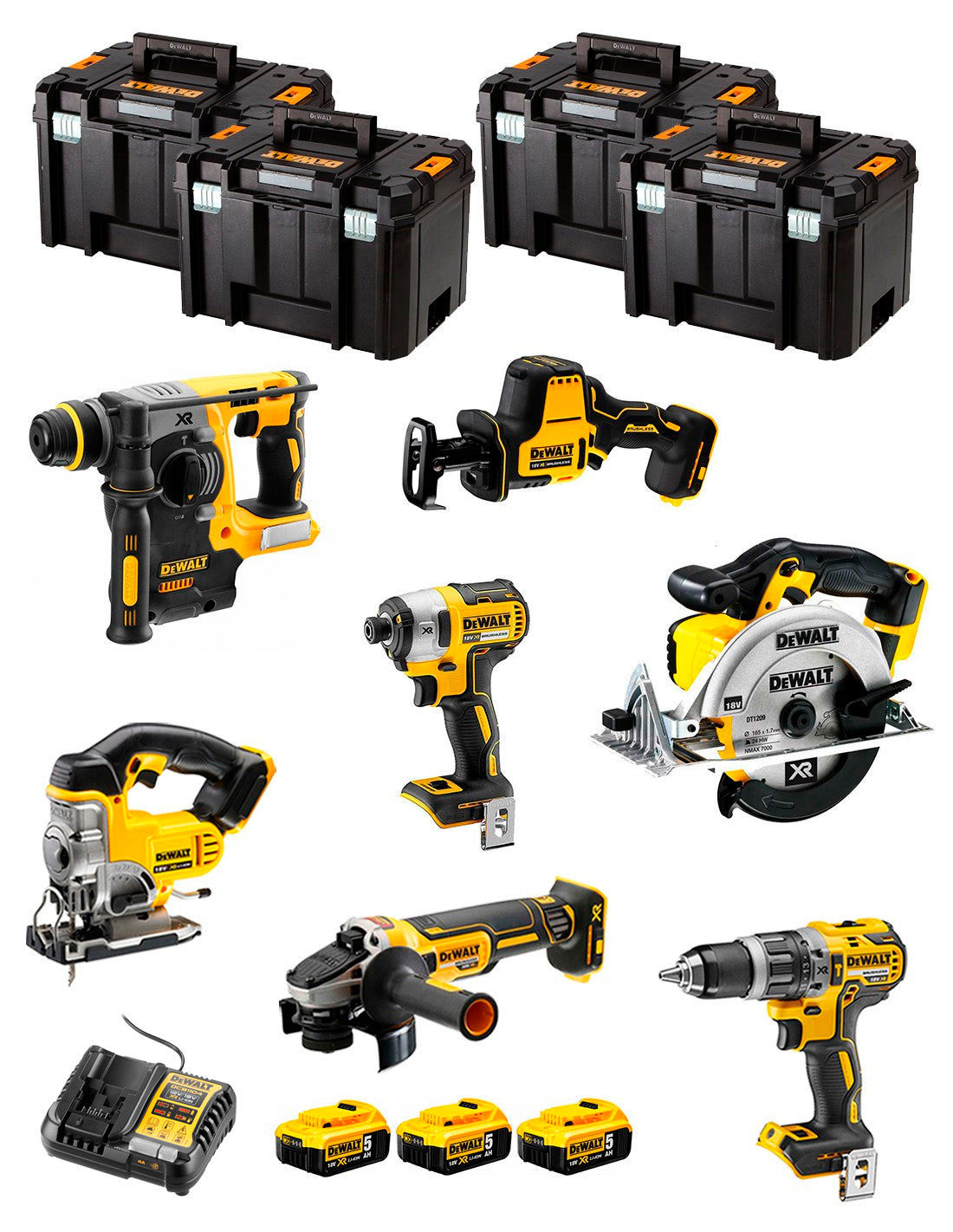 Kit Dewalt de 7 eines + 3 bateries de 5 Ah + carregador DCB1104 + 4×Tstak VI DCK769P3