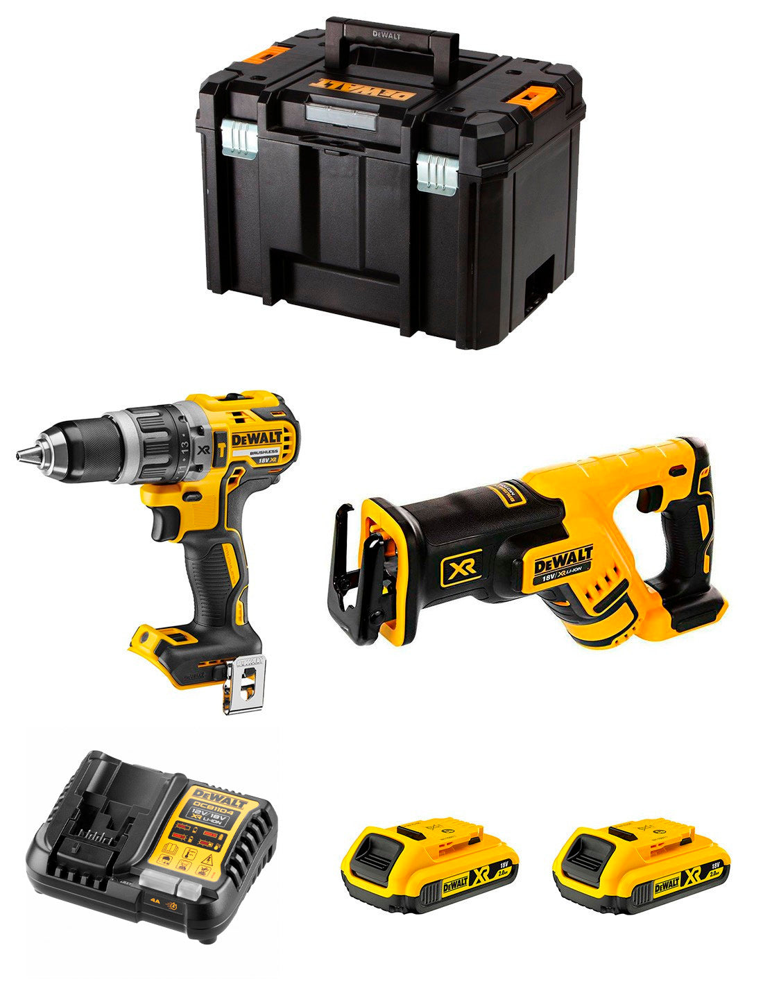 Kit Dewalt trepant percutor DCD796 + serra de sabre DCS367 + 2 bateries de 2 Ah + carregador + TSTAK VI DCK277D2
