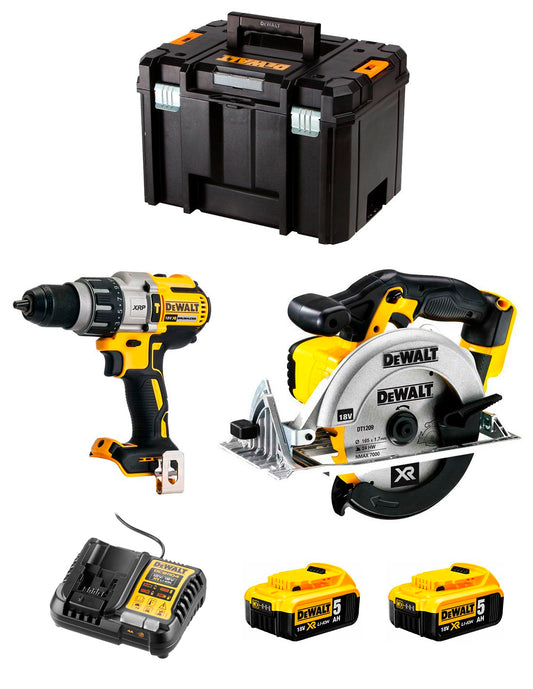 Kit Dewalt trepant percutor DCD996 + serra circular DCS391 + 2 bateries de 5 Ah + carregador + TSTAK VI DCK291P2