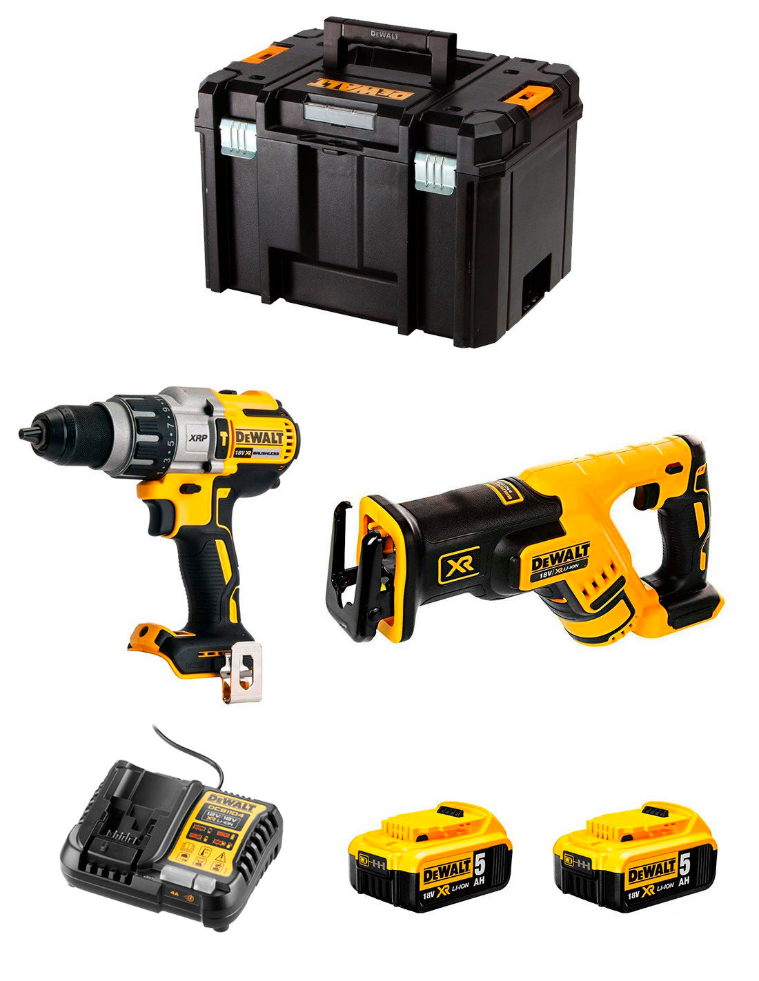 Kit DeWalt Taladre percutor DCD996 + serra de sabre DCS367 + 2 bateries de 5 Ah + carregador + TSTAK VI DCK267P2
