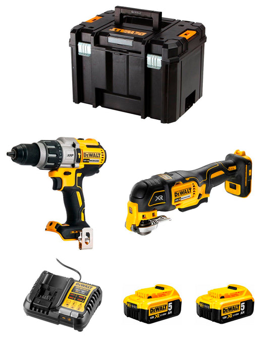 Kit DeWalt Taladre percutor DCD996 + multieina DCS356 + 2 bateries de 5 Ah + carregador + TSTAK VI DCK255P2