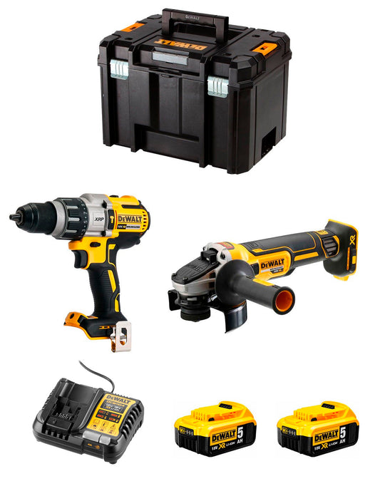 Kit DeWalt Taladre percutor DCD996 + miniamoladora DCG405 + 2 bateries de 5 Ah + carregador + TSTAK VI DCK205P2