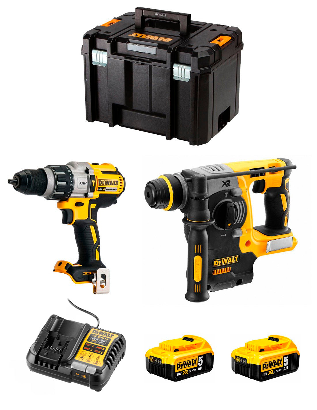 Kit DeWalt Taladre percutor DCD996 + martell electropneumàtic DCH273 + 2 bateries de 5 Ah 18 V + carregador + TSTAK VI DCK273P2