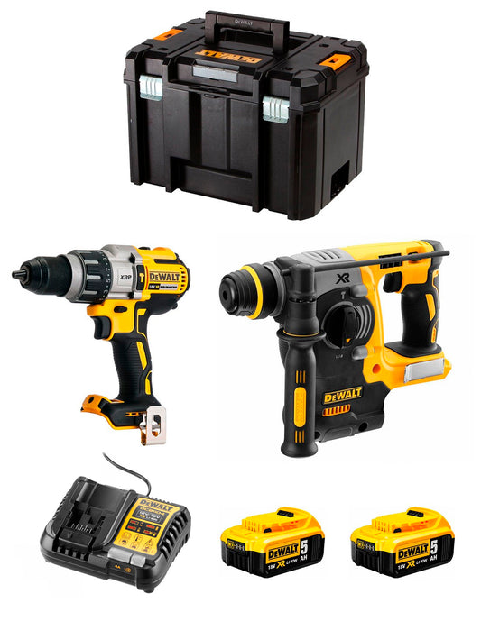 Kit DeWalt Taladre percutor DCD996 + martell electropneumàtic DCH273 + 2 bateries de 5 Ah 18 V + carregador + TSTAK VI DCK273P2