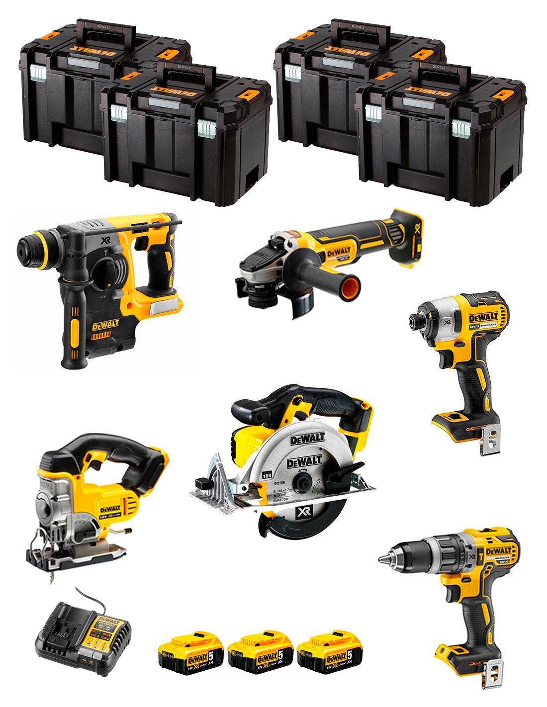 Kit DeWalt de 6 eines + 3 bateries de 5 Ah + carregador DCB1104 + 4 × TSTAK VI Kit DCK691P3